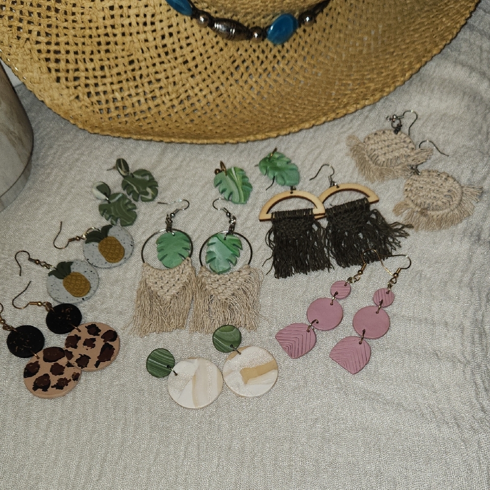 9 Bohemian Style Earrings Set - Green, Pink, Beige